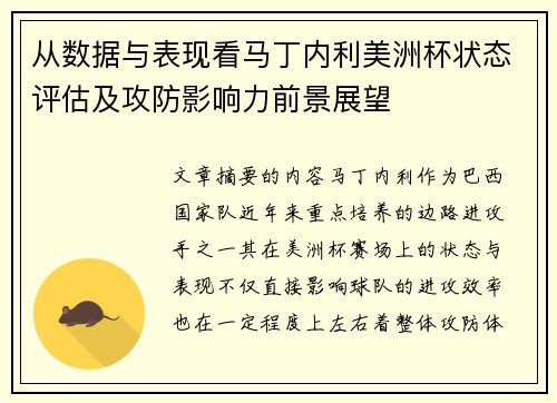 从数据与表现看马丁内利美洲杯状态评估及攻防影响力前景展望