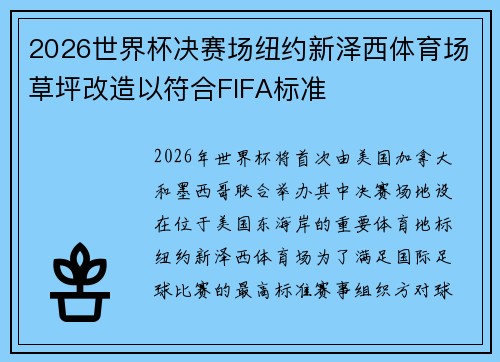 2026世界杯决赛场纽约新泽西体育场草坪改造以符合FIFA标准
